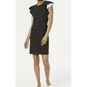 Maison Jules Women's Shift Dress Black White Medium M‎ Flutter-Sleeve Striped